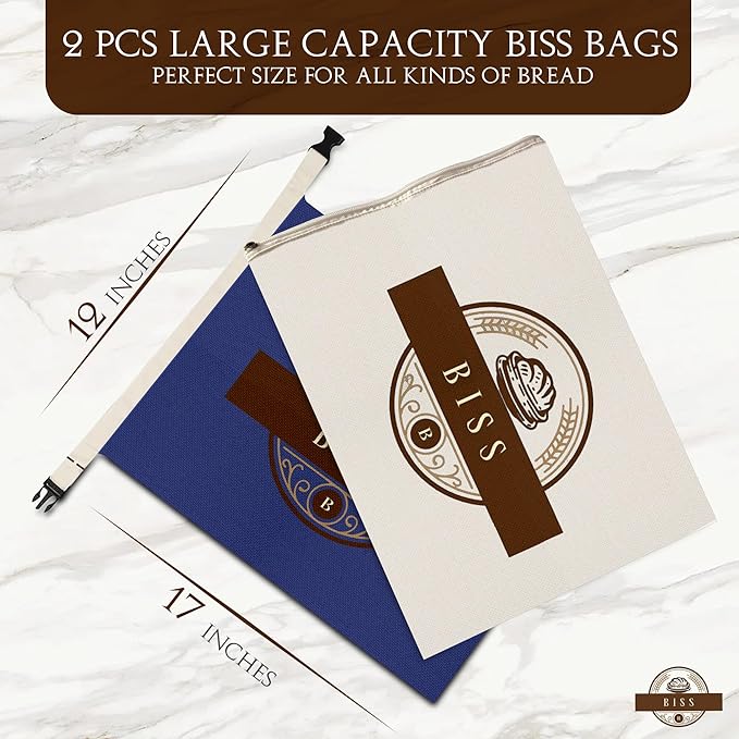 BISS Bread Storage Bags for Homemade Bread – 2-Pack XL Cotton Sourdough Bags, Reusable, Freezer Safe – Perfect for Artisan Loaves, Sandwich Storage, Bake Sales, and Fresh Loaf Preservation