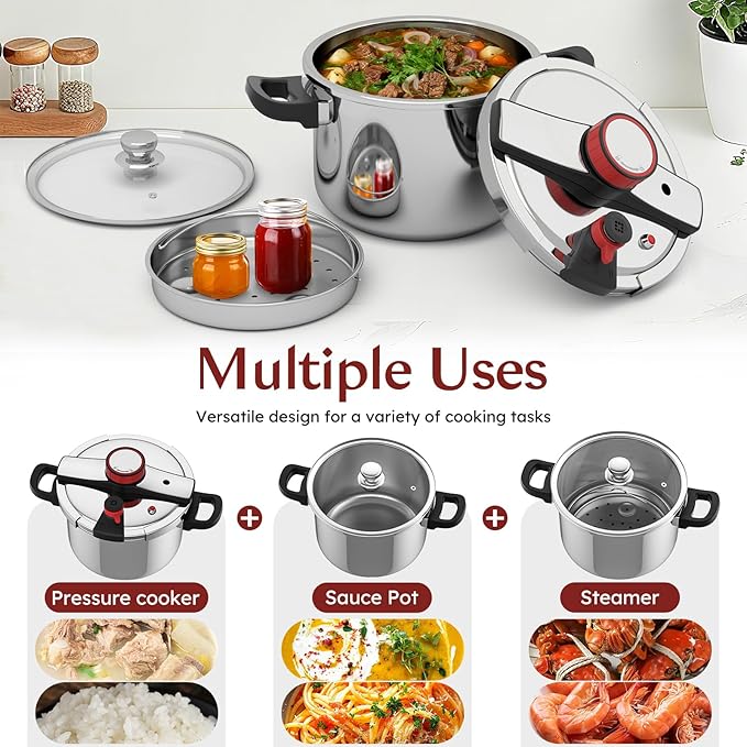 BreeRainz 8.45QT 304 Stainless Steel Pressure Cooker, 3-Stage PSI Settings, One-Hand Locking,Explosion-Proof Pot w/Extra Glass Lid, Timer, Steaming Rack(Induction Compatible)
