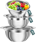 Stainless Steel Colander - 3Pcs Colander for Kitchen - Strainers and Colanders, Kitchen Presents, Food Strainer Basket with Handle for Veggie Wash, Fruits, Spaghetti, Pasta, 2QT, 2QT, 3QT Bowl