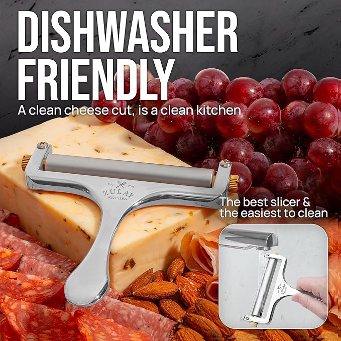 Zulay Kitchen Stainless Steel Wire Cheese Slicer - Adjustable Hand Held Cheese Cutter with 2 Extra Wires - Premium Cheese Shaver for Mozzarella, Cheddar, Gruyere - Cheese Cutter with Wire (Silver)