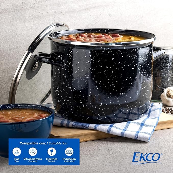 EKCO EOS 8-Quart Speckled Stockpot with Glass Lid (Black) Soup Pot for All Ranges, Dishwasher & Oven Safe up to 350°F - Non-Reactive Enameled Interior Pot for Gumbo, Stew, Boil, Pasta, Chili