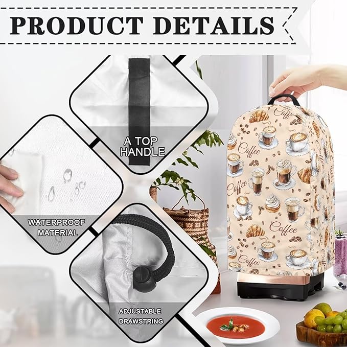 Warm Coffee Patterns Blender Cover Kitchen Appliance Cover Anti Fingerprint Dust-Proof Coffee Machine Cover Food Processor Cover Stand Mixer Cover with Top Handle