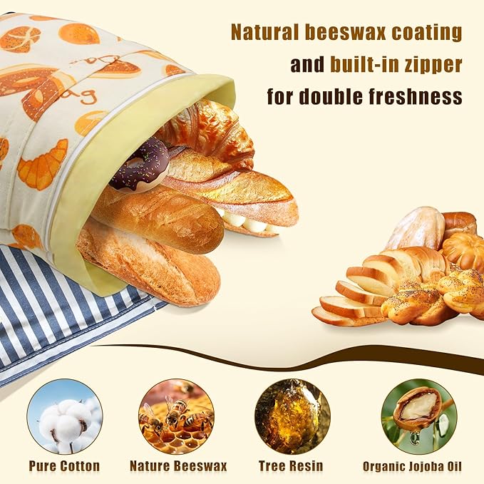 Reusable Beeswax Bread Bags for Homemade Bread Sourdough, XL Eco-Friendly Fresh Food Storage with Buckle & Zipper, Moisture Lock, Keeps Bakes Fresh Longer (2 Pack)