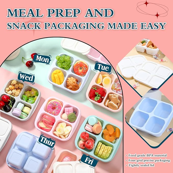 Honeydak 10 Pack Snack Container 4 Compartment Reusable Bento Snack Boxes Divided Lunchable Containers with Lids Meal Prep Lunch Food Storage Boxes for School Work Travel(Melon Color)