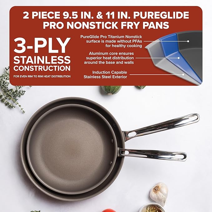 Viking PureGlide Pro 3-Ply Nonstick Frying Pans, Made without PFAS, 2-Piece Induction Fry Pan Set, 9.5 and 11-Inch, Metal Utensil Safe Titanium Nonstick Surface, Oven Safe to 600F
