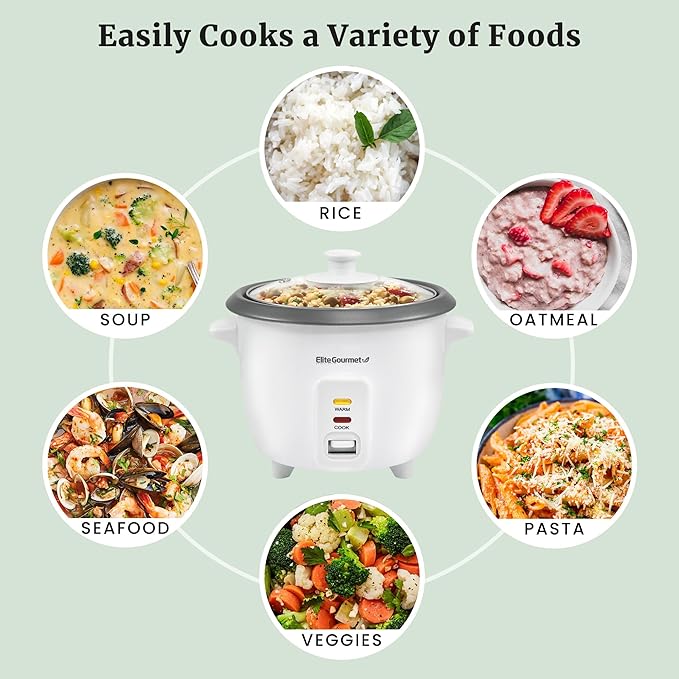 Elite Gourmet ERC-006NSTX Electric Rice Cooker with Non-Stick Inner Pot Makes Soups, Stews, Grains, Cereals, Keep Warm Feature, 6 Cups Cooked (3 Cups Uncooked), White