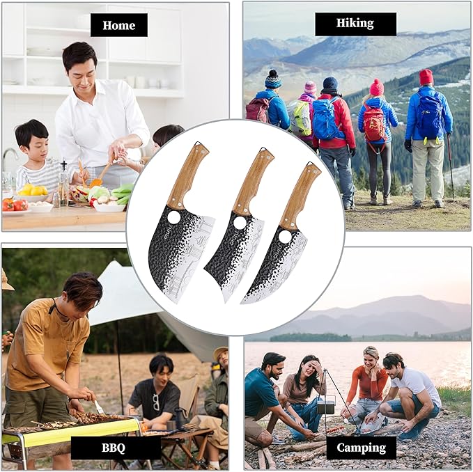 3PCS Butcher Knife Set, 7" Butcher Meat Cleaver, 7" Serbian Chef Knife and 6.5" Viking Knife, Kitchen Knife Set with wood Handle, Great for Indoor & Outdoor (Unique Pattern)