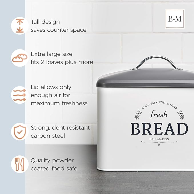Extra Large White Farmhouse Bread Box for Kitchen Countertop - Breadbox Holder Fits 2+ Loaves - Bread Storage Container Bin - Rustic Bread Keeper Vintage Metal Kitchen Decor for Counter (Grey Lid)