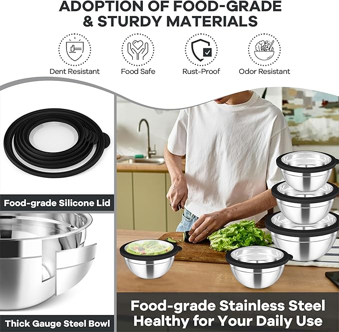 TeamFar Mixing Bowls Set, 4.5/3/1.5/1/0.7 QT Stainless Steel Nesting Salad Bowls with Airtight Lids, For Serving/Mixing/Storing, Non-Toxic & Heavy Duty, Visible & Easy Clean, Black, Set of 5