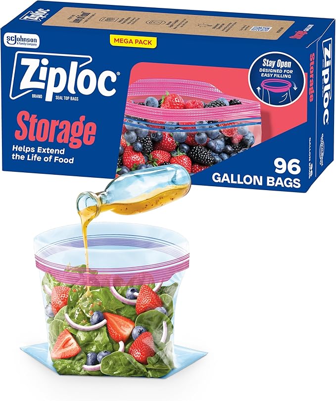 Ziploc Gallon Food Storage Bags, Stay Open Design with Stand-Up Bottom, Easy to Fill, 96 Count (Packaging May Vary)