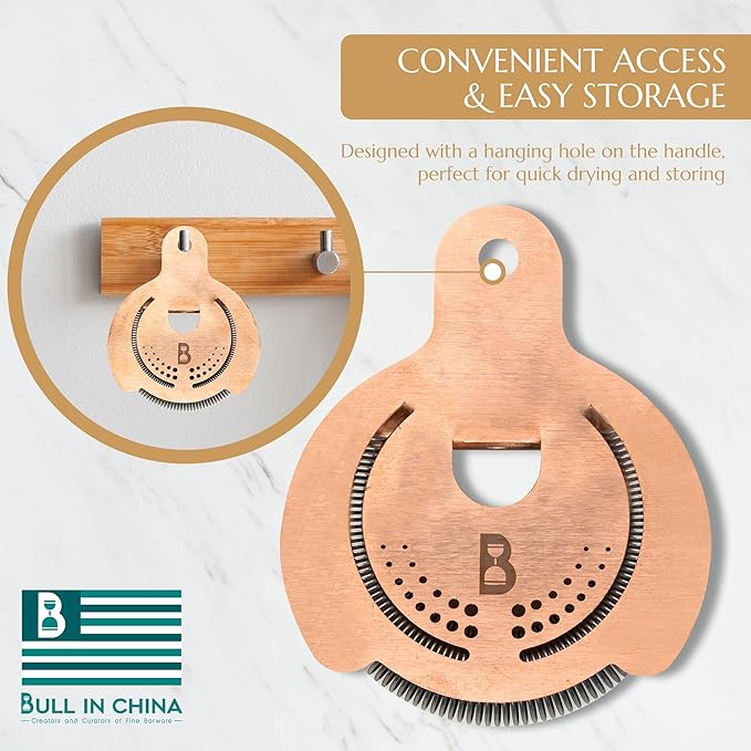 Hawthorne Straine by Bull in China In 100% Copper - Made In USA - High Density Spring Cocktail Strainer for Boston Shakers and Mixing Glasses for Bars & Bartenders