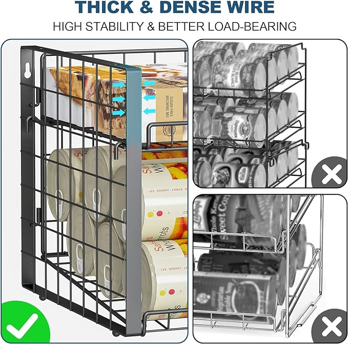 JKsmart 2-Tier Stackable Can Rack Organizer for Pantry, Adjustable Can Dispenser Holds Up to 62 Cans, Can Storage Holder for Various Ounces of Canned Food Soda Drinks, Black, 2 Pack (Petent Pending)