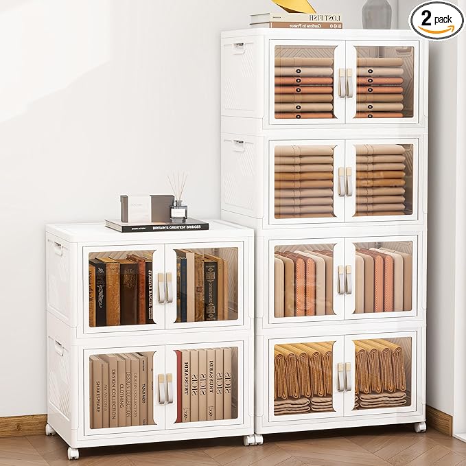 Large Stackable Storage Bins with 2 Lids, 690QT-115QT*6Pack Foldable Cabinet for Closet Organizers, Plastic Storage Containers Box with Wheels