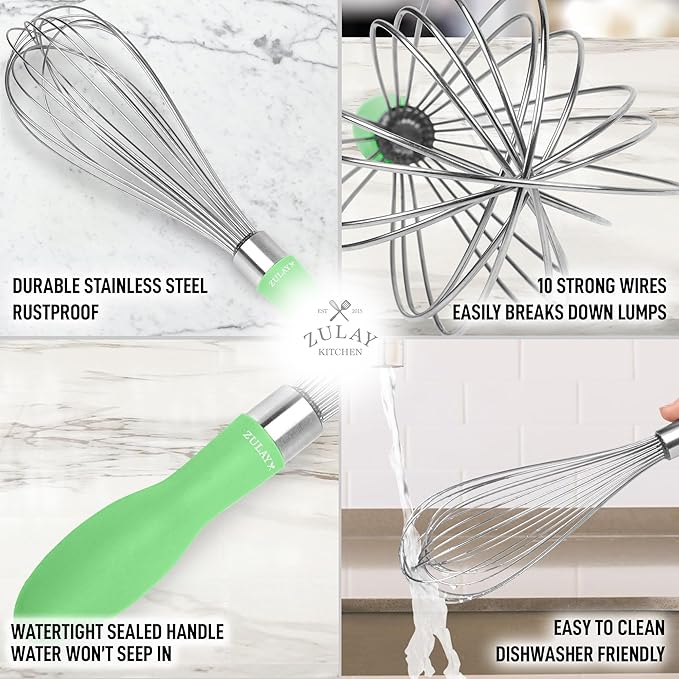 Zulay Kitchen Stainless Steel Balloon Whisk 12 Inch – Heavy Duty and Durable Wire Whisk with Non-Slip Silicone Handle for Blending, Whipping & Beating - Green