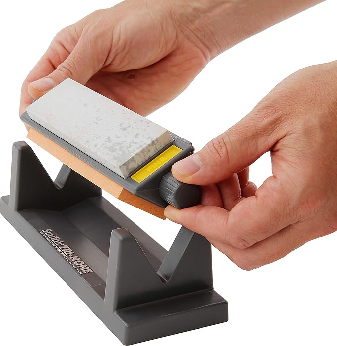 Smith’s TRI6 Arkansas Tri-Hone Stone Sharpening System Grey 6” Fine, Medium, & Coarse Stones 3-Way Honing Nonslip Rubber Feet Restore Tools, Hunting, Kitchen, Fishing & Pocket Knives