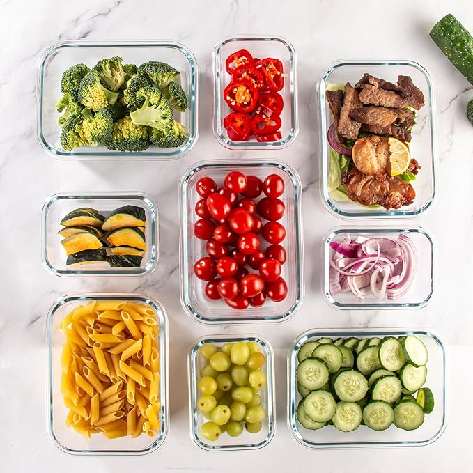 UMEIED Glass Meal Prep Containers - 10 Pack Glass Food Storage Containers with Lids for Lunch, On-the-Go, Leftovers, Pantry Organization - Microwave, Oven, Freezer, and Dishwasher Safe