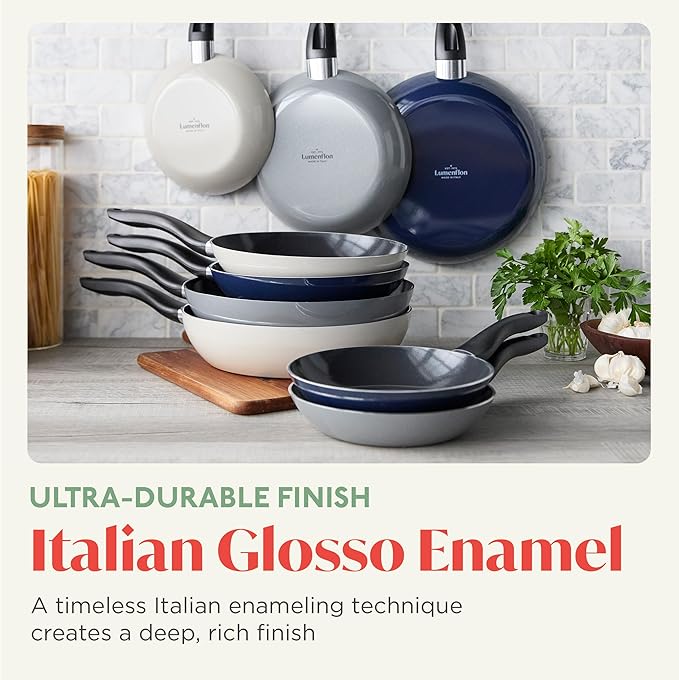 Deco 9.5” Nonstick Frying Pan Skillet, Made in Italy, Diamond Ceramic PFAS-Free, Dishwasher & Metal Utensil Safe, Durable Gloss Enamel Finish, Stay-Cool Handle, High Walls-Extra Room, Taupe