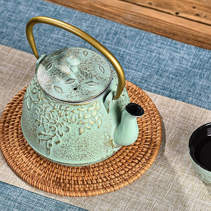 Sungmor Cast Iron Japanese Tetsubin Tea Kettle with Infuser - Stovetop Safe, Enameled Interior - 32 Ounce Light Green Teapot with Salix Leaf Pattern