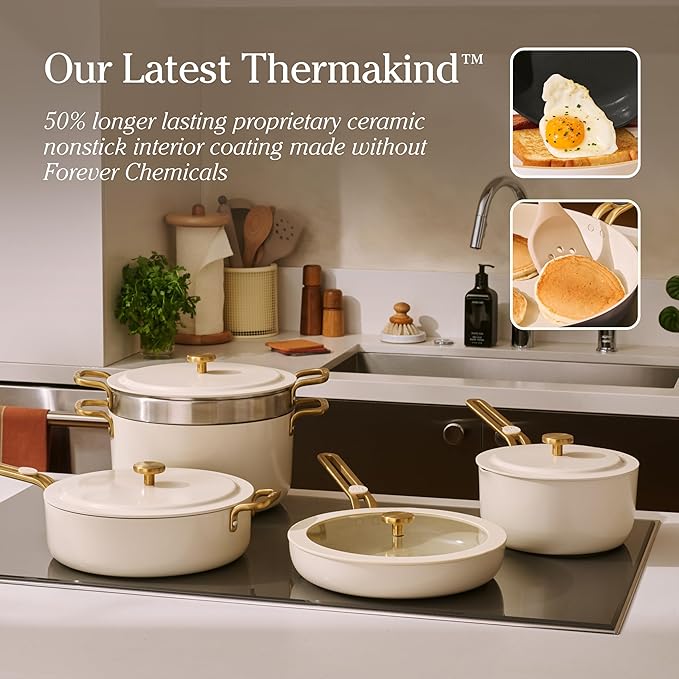 Our Place 11-Piece Essentials Complete Cookware Set - Ceramic Fry Pan, Saucepan, Sauté Pan, Stock Pot, Strainer Basket & Rack Storage | Thermakind™ Nonstick, Oven Safe up to 450°F | Cream