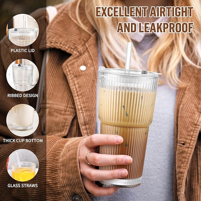 20 oz Glass Cups with Lid and Straw 4 Set, Glass Tumbler with Straw and Lid, Vintage Glassware for Whiskey Cocktail Beer, Iced Coffee Cups with Lid (4 PACK)