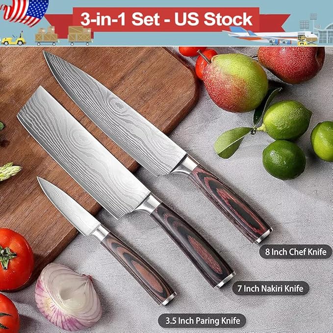 3 PCS Japanese Chef Knife Set – High Carbon Stainless Steel Nakiri Knives, Ultra Sharp Chef Knives, Multi-purpose Kitchen Knives for Precise Cutting, with Stylish Gift Box