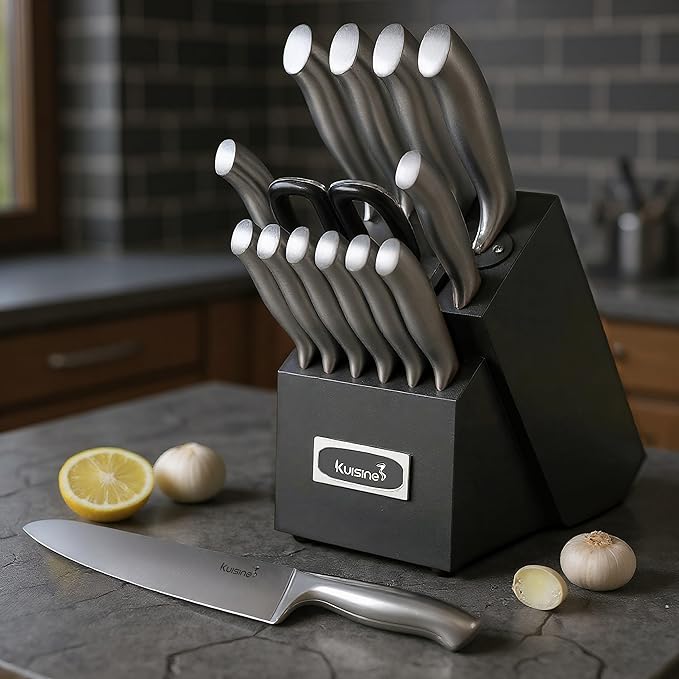 KUISINE Upgraded Premium Chef Knife Set,High Carbon Stainless Steel Razor-sharp Blade Ergonomic Non-slip Steel Handle,Block Knife Set with Built-in Sharpener(Black Silver,15PCS)