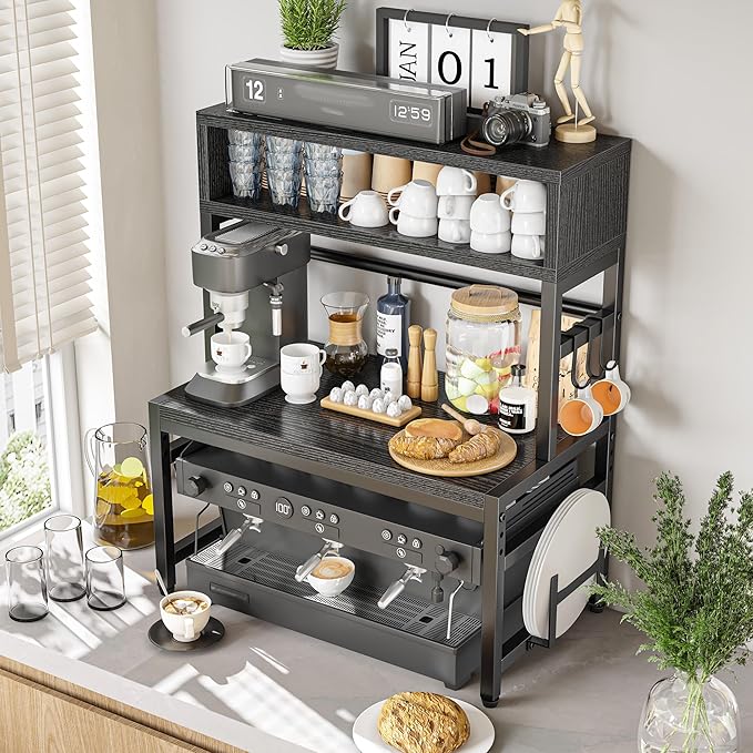EnHomee Microwave Stand, 4-Tier with 9 Hooks for Kitchen Countertop Organizer, 205LBS Microwave Shelf, Adjustable Kitchen Shelves Microwave Stand with Storage and Microwave Oven Rack (Black)