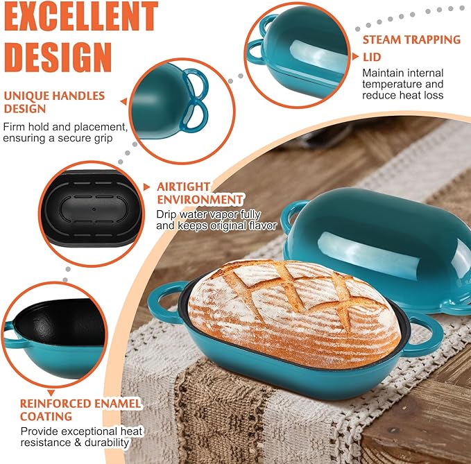 Enameled Cast Iron Sourdough Bread Oven, 5QT Loaf Cast Iron Bread Pan with Lid, Oval Dutch Oven for Homemade Bread Baking, Meatloaf Pan with Lid (Gradient Blue-green)