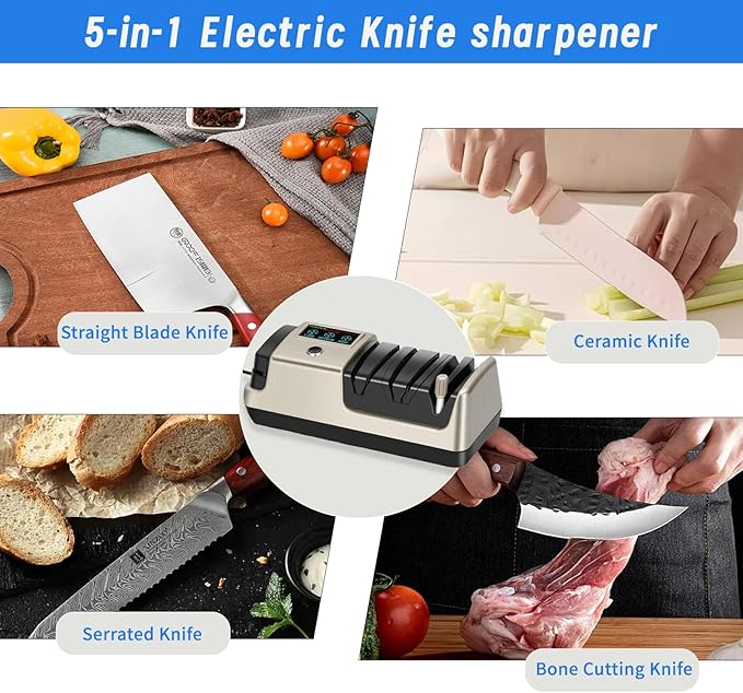 Professional 5-in-1 Electric Knife Sharpener w/LCD, Scissor Sharpener with 3-Speed & 100% Diamond Abrasives -Precision Angle Guides Sharpens Straight, Serrated, Cleaver Knives