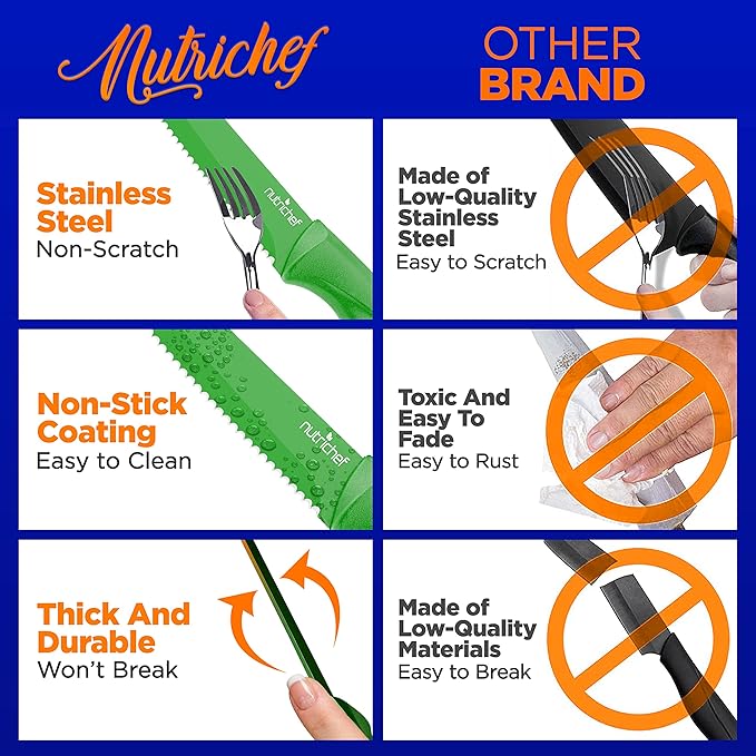 NutriChef SereneLife Stainless Steel Knife Set, 8 Pcs. - Non-Stick Coating, Sharp Serrated Blades, Professional Kitchen Set, Rust-Resistant, Dishwasher Safe, Ideal for BBQ & Grilling, Green