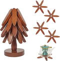 4PCS Wooden Trivets for Hot Dishes, Tree Shape Trivet Set,4 Wood + 1 Stand stored Like a Christmas Tree,Wooden Trivets for Hot Dishes、Pot、Bowl、Teapot、Hot Pot Holder, Brown
