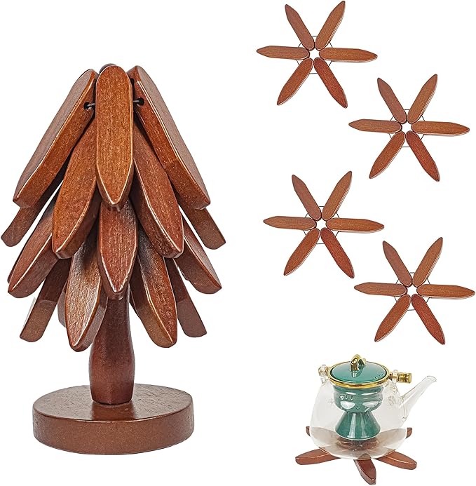 4PCS Wooden Trivets for Hot Dishes, Tree Shape Trivet Set,4 Wood + 1 Stand stored Like a Christmas Tree,Wooden Trivets for Hot Dishes、Pot、Bowl、Teapot、Hot Pot Holder, Brown