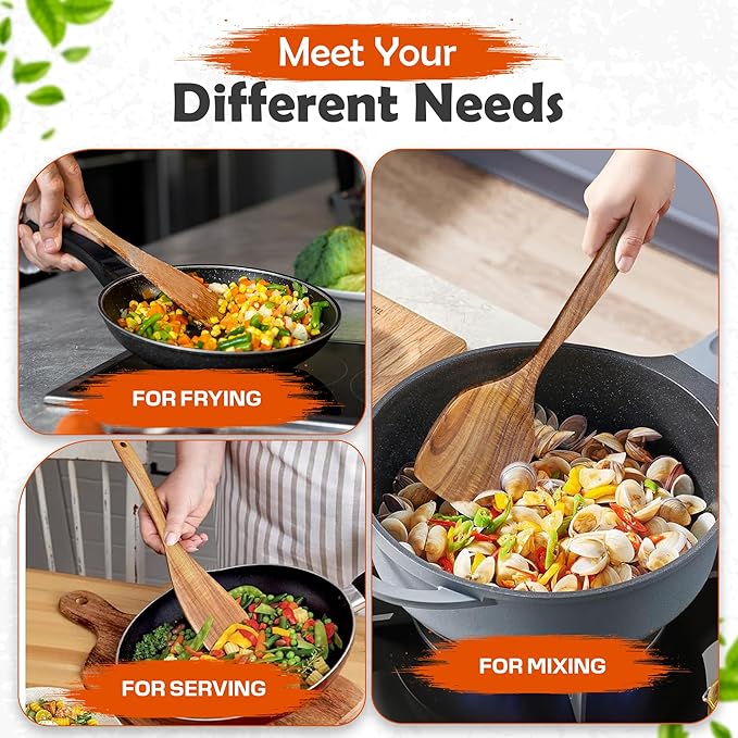 2 Pcs Wooden spoons for cooking,(Spatula & Fried Spatula). Teak wood kitchen utensils set, Long handle frying turner, Non-stick and non-scratch spurtle for backing, frying and cooking.
