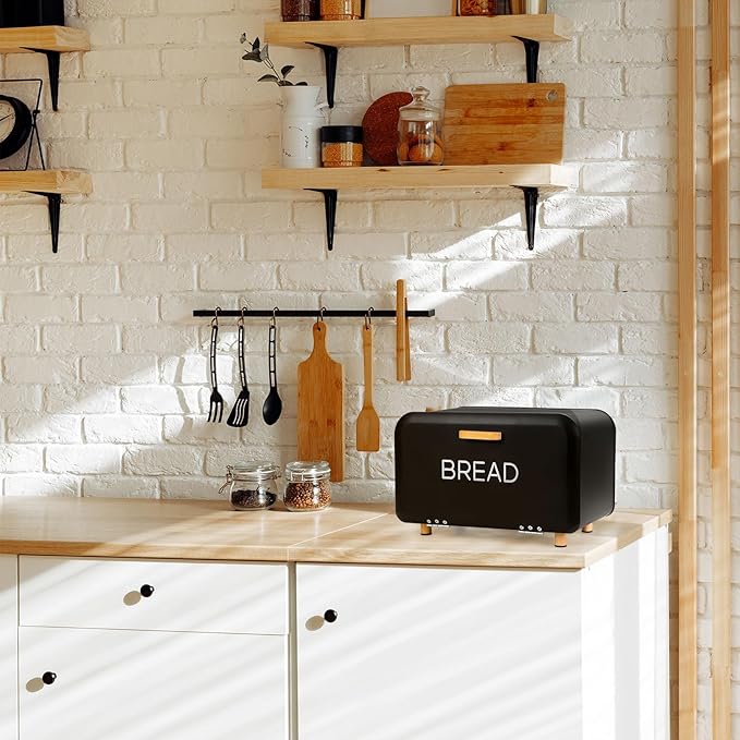 Black Bread Box for Kitchen Countertop - Large Capacity Bread Storage Container Modern Bread Box - Stylish Metal Bread Organizer