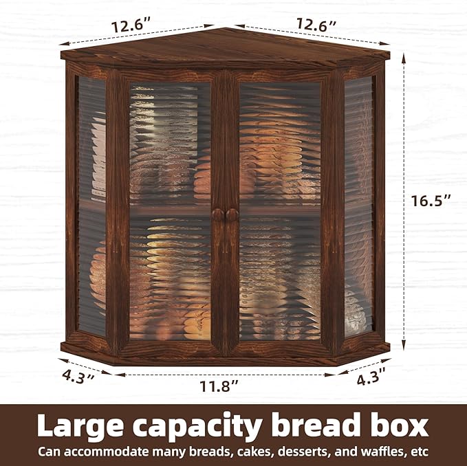 Extra Large Corner Bread Box for Kitchen Countertop, 16.5 Inch Charred Pine 2-Tier Breadbox with Glass Wavy Door Panel, Vintage Farmhouse Style Wood Design