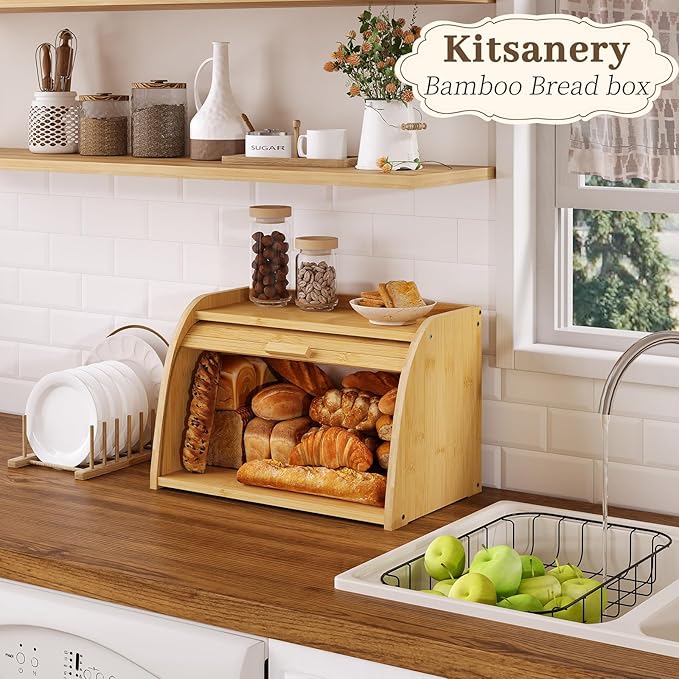 Bread box for kitchen countertop, Bamboo bread storage, Roll-Top bread container, Farmhouse bread holder for homemade bread (single layer)