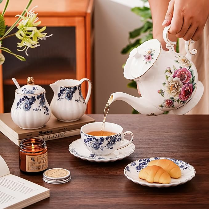 Flower tea pot，35.5oz Ceramic teapot with lid，Vintage teapot for Flower tea，Milk, Coffee