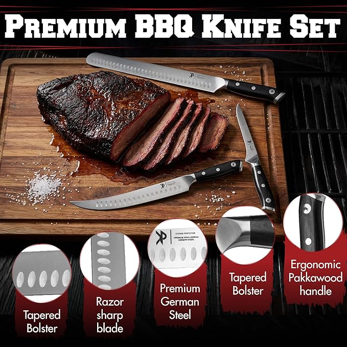 KITCHEN PERFECTION 3-Piece BBQ Slicing & Carving Meat Knife Set -12” Brisket Knife, 10” Butcher Knife, 6” Boning Knife with Sheaths -Razor Sharp German Steel,Full Tang Ergonomic Handles- Gifts for Men