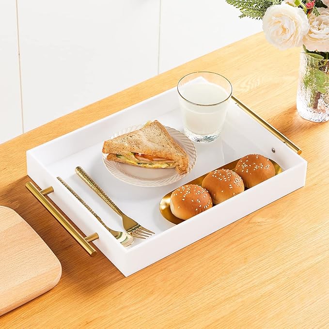 Glossy White Acrylic Lucite Serving Tray with Metal Handles,No Need to Assemble,11x14 Inch,Decorative Storage Organizer with Spill-Proof Design,Serving for Coffee,Breakfast,Dinner and More