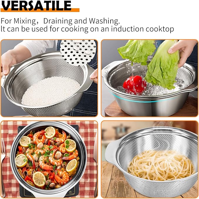 Stainless Steel Microporous Colander for Kitchen, 4.5QT Large Capacity, Colander and Bowl Set of Two, Stainless Steel Drain Basket with Mixing Bowl, for Washing Fruits and Vegetables