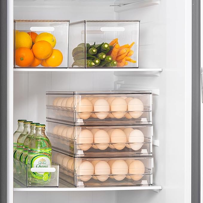 vacane 24 Capacity Egg Holder for Refrigerator Organizer Bins, BPA Free Egg Storage Container with Non-Slip Pads, Space-Saving Egg Tray for Fridge Drawer