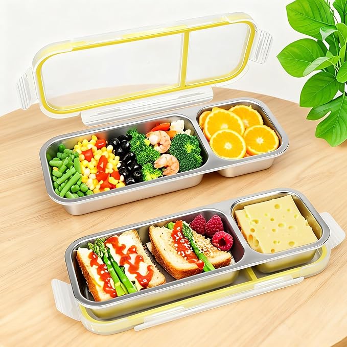 Stainless Steel Snack Containers, (3Pack) Leakproof 2 Compartment Snackle Box with Airtight Lids, Reusable Bento Box Food Storage Containers for Lunch Travel Picnics Office
