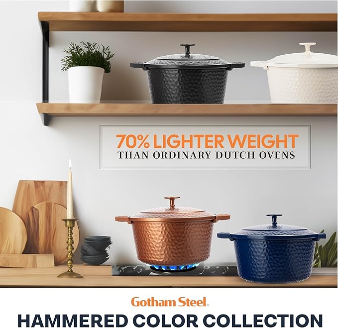 Gotham Steel Hammered 5 Qt Lightweight Dutch Oven Pot with Lid & Holders, Ceramic Non Toxic, Oven Safe & Even Heat Retaining Dutch Oven for Bread Baking Sourdough, Soup, 70% Lighter than Cast Iron