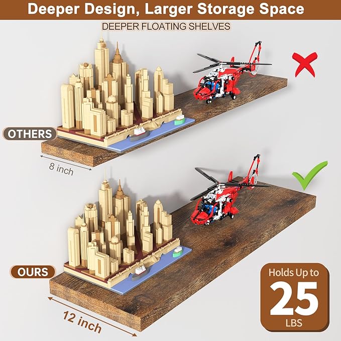 12 Inch Deep Floating Shelves for Wall 2 Pack Floating Shelfs Large Storage Space Wall Decor Display Shelf for Bathroom Living Room Bedroom Kitchen 36" W x 12" D x 1.2" H Rustic Brown