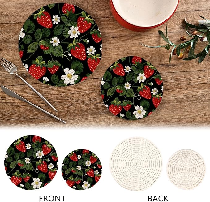 Strawberries Flowers Kitchen Trivets Pot Holders Set of 2, Trivets for Hot Pots Dishes Woven Trivet Coaster Pad Mat for Counter