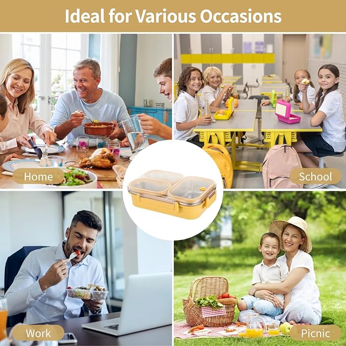 Stainless Steel Bento Box, 3-Compartment Lunch Container, 25 oz Leakproof Food Storage Container with Utensils for Work, Picnic, Yellow