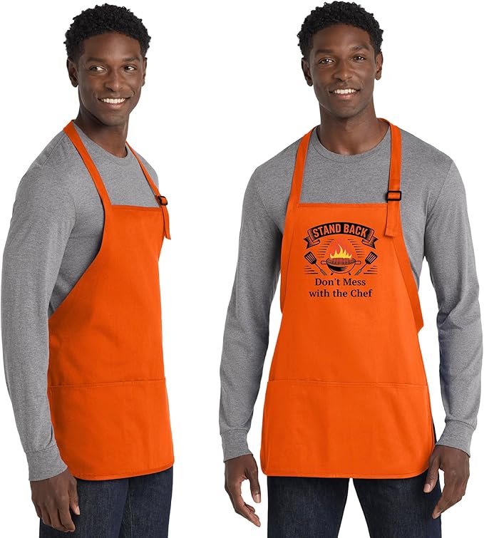 Personalized Medium Length Cooking & Grill Apron – Stand Back Design with Custom Text (1-2 Lines)
