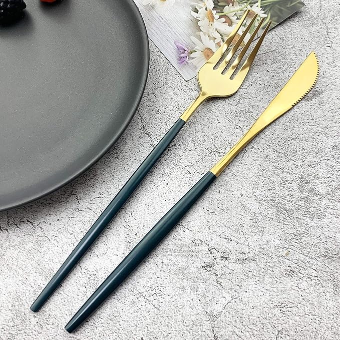 JASHII 18/10 Silver Silverware Set Stainless Steel Flatware Utensils Set Gold Cutlery Set| 36-Piece Modern Cubiertos Dorados| BEST Birthday Wedding Gift (6 sets, Green Handle Gold Mirror Polish)