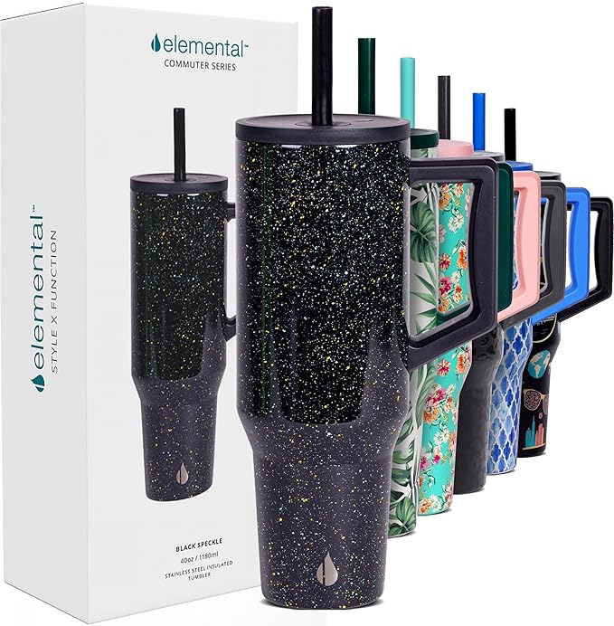 Elemental 40 oz Tumbler with Handle and Straw - Spill Proof Insulated Stainless Steel Commuter for Hot and Cold Beverages - Travel Coffee Mug with 2 Straws & Spill Proof Lid - 40oz - Black Speckle