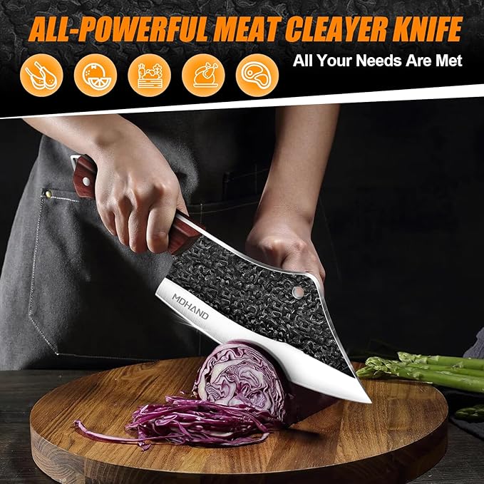 MDHAND 14PCS Butcher Knife Set, Hand Forged Butcher Chef Knife Set with Roll Bag, Sharp Meat Cleaver Knife & Bone Chopper Knives & Fillet Knives for Home & Camping & BBQ Gift for Men